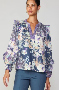 Long Sleeve Tops-Current Air Peacock Floral Blouse NAVYMULTI