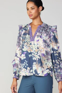 Long Sleeve Tops-Current Air Peacock Floral Blouse NAVYMULTI