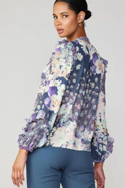 Long Sleeve Tops-Current Air Peacock Floral Blouse NAVYMULTI