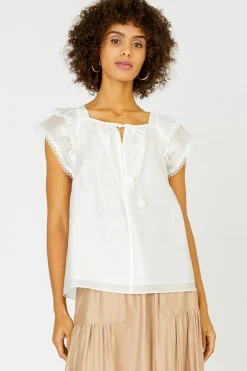 Sleeveless Tops|Short Sleeve Tops-Current Air Peekaboo Flutter Sleeve Top WHITE