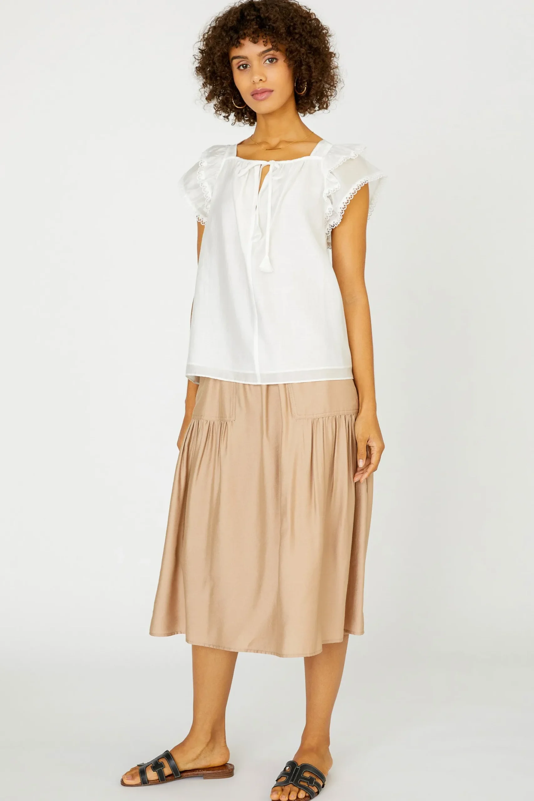 Sleeveless Tops|Short Sleeve Tops-Current Air Peekaboo Flutter Sleeve Top WHITE