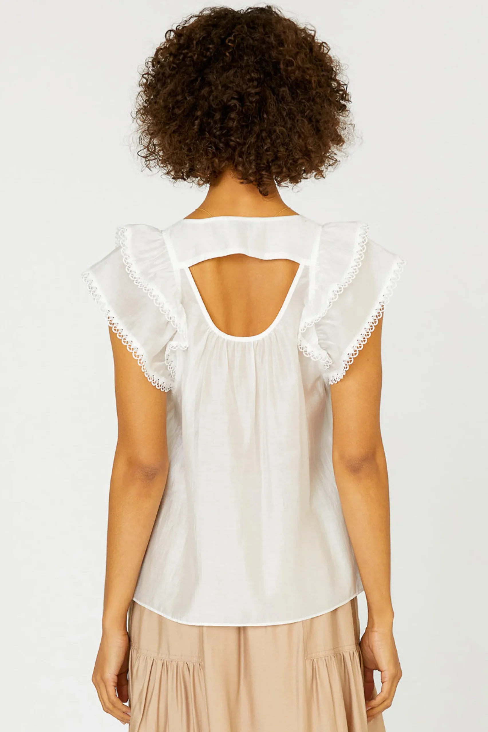 Sleeveless Tops|Short Sleeve Tops-Current Air Peekaboo Flutter Sleeve Top WHITE