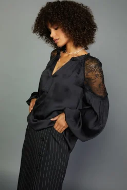 Long Sleeve Tops-Current Air Peekaboo Lace Blouse BLACK