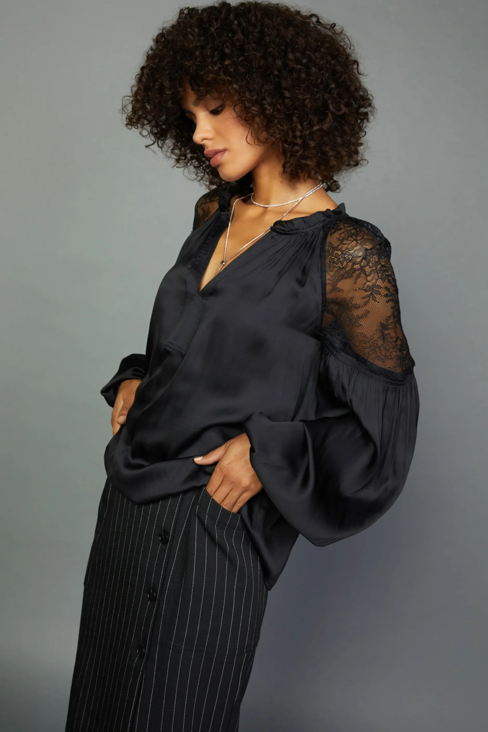 Long Sleeve Tops-Current Air Peekaboo Lace Blouse BLACK