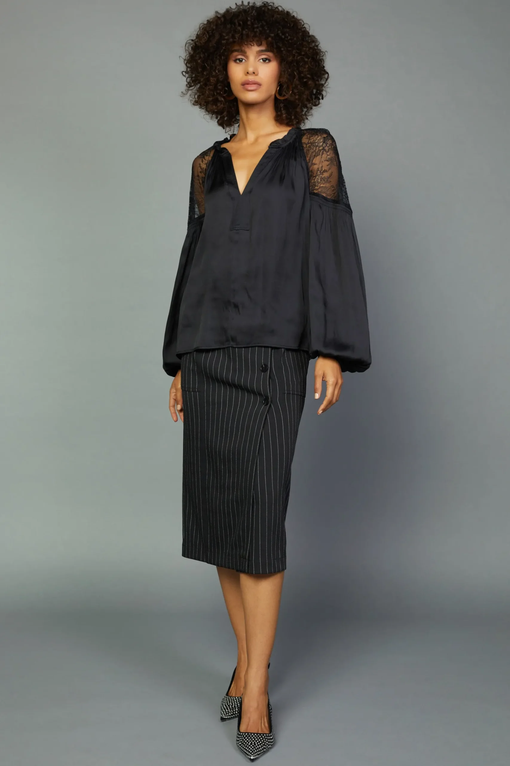 Long Sleeve Tops-Current Air Peekaboo Lace Blouse BLACK