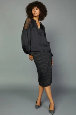 Long Sleeve Tops-Current Air Peekaboo Lace Blouse BLACK