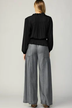 Long Sleeve Tops-Current Air Peplum Collared Blouse BLACK