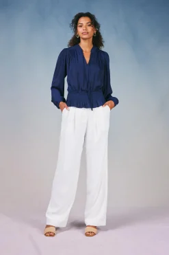 Long Sleeve Tops-Current Air Peplum Collared Blouse NAVY