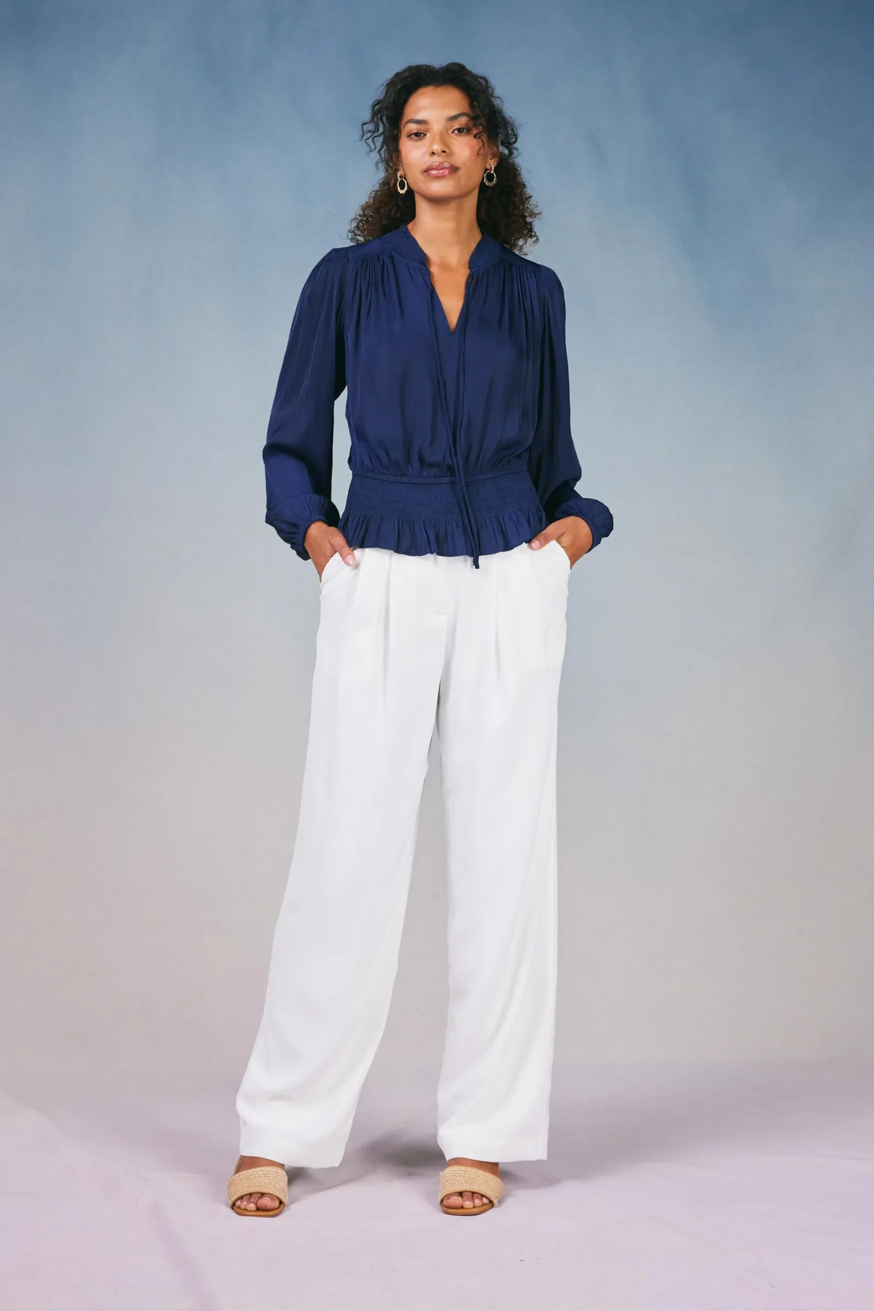 Long Sleeve Tops-Current Air Peplum Collared Blouse NAVY