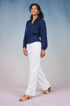 Long Sleeve Tops-Current Air Peplum Collared Blouse NAVY