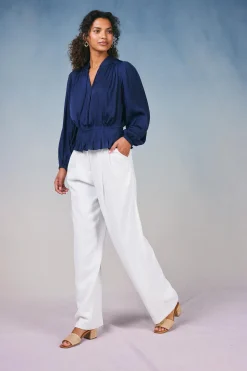 Long Sleeve Tops-Current Air Peplum Collared Blouse NAVY