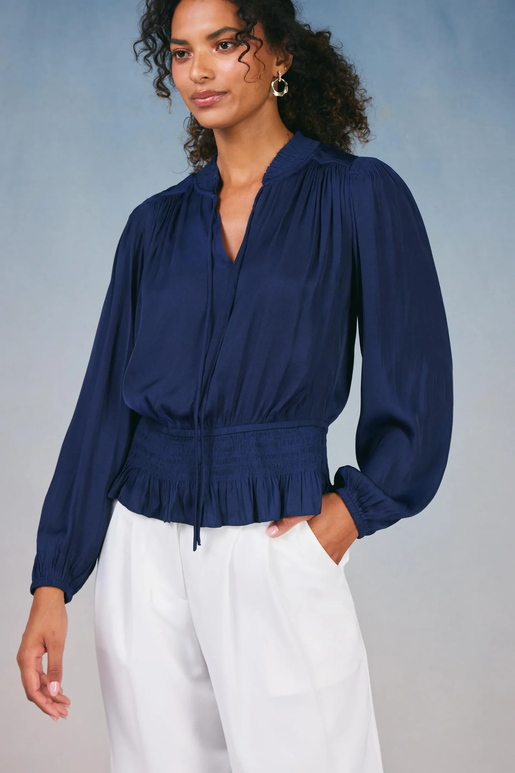 Long Sleeve Tops-Current Air Peplum Collared Blouse NAVY