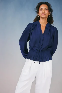 Long Sleeve Tops-Current Air Peplum Collared Blouse NAVY