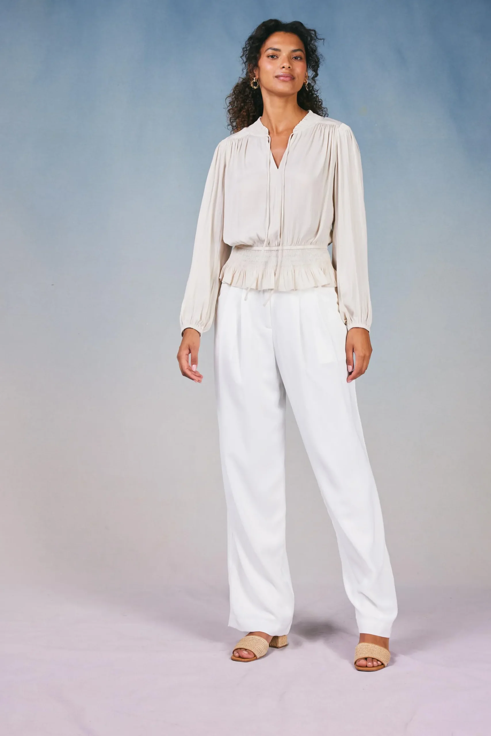 Long Sleeve Tops-Current Air Peplum Collared Blouse ECRU