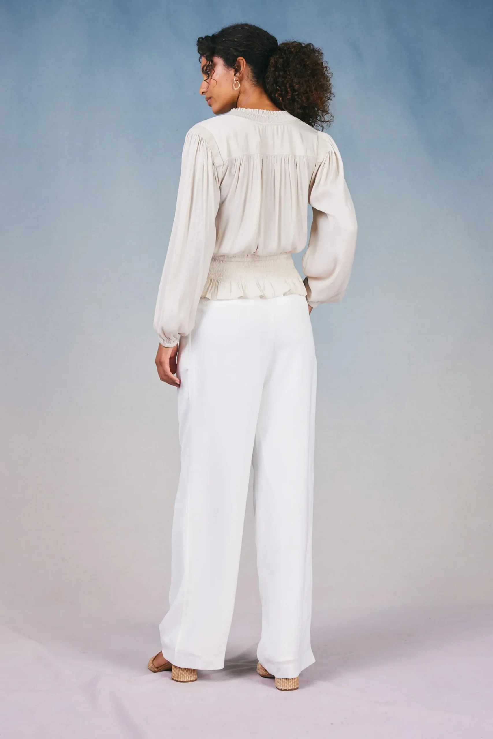 Long Sleeve Tops-Current Air Peplum Collared Blouse ECRU