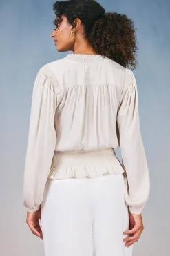 Long Sleeve Tops-Current Air Peplum Collared Blouse ECRU