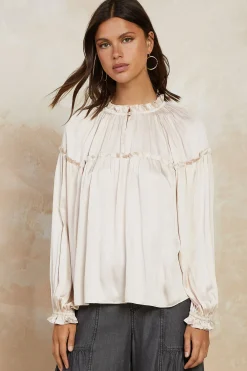 Long Sleeve Tops-Current Air Picot Ruffled Blouse ECRU