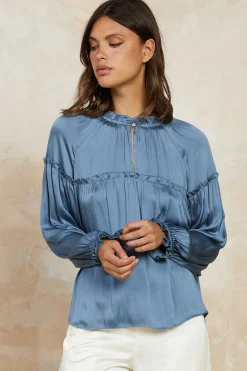 Long Sleeve Tops-Current Air Picot Ruffled Blouse SLATEBLUE