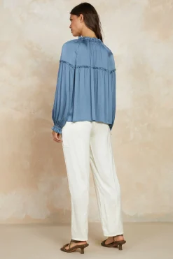 Long Sleeve Tops-Current Air Picot Ruffled Blouse SLATEBLUE