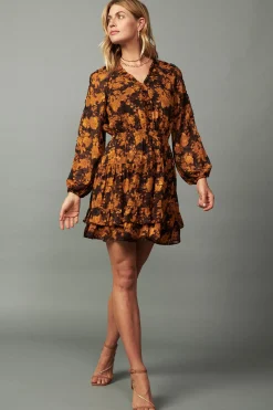 Mini Dresses-Current Air Picot Stitch Ruffled Mini Dress BROWNORANGEFLORAL