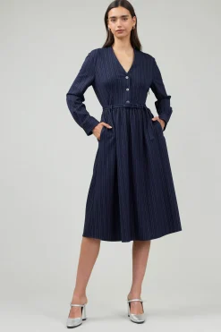 Midi Dresses-Current Air Pinstriped Buttondown Midi Dress NAVY