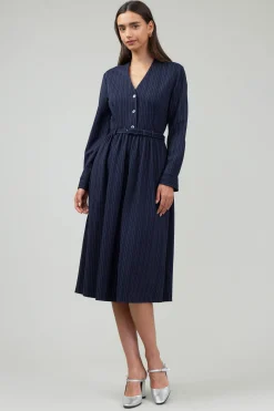 Midi Dresses-Current Air Pinstriped Buttondown Midi Dress NAVY