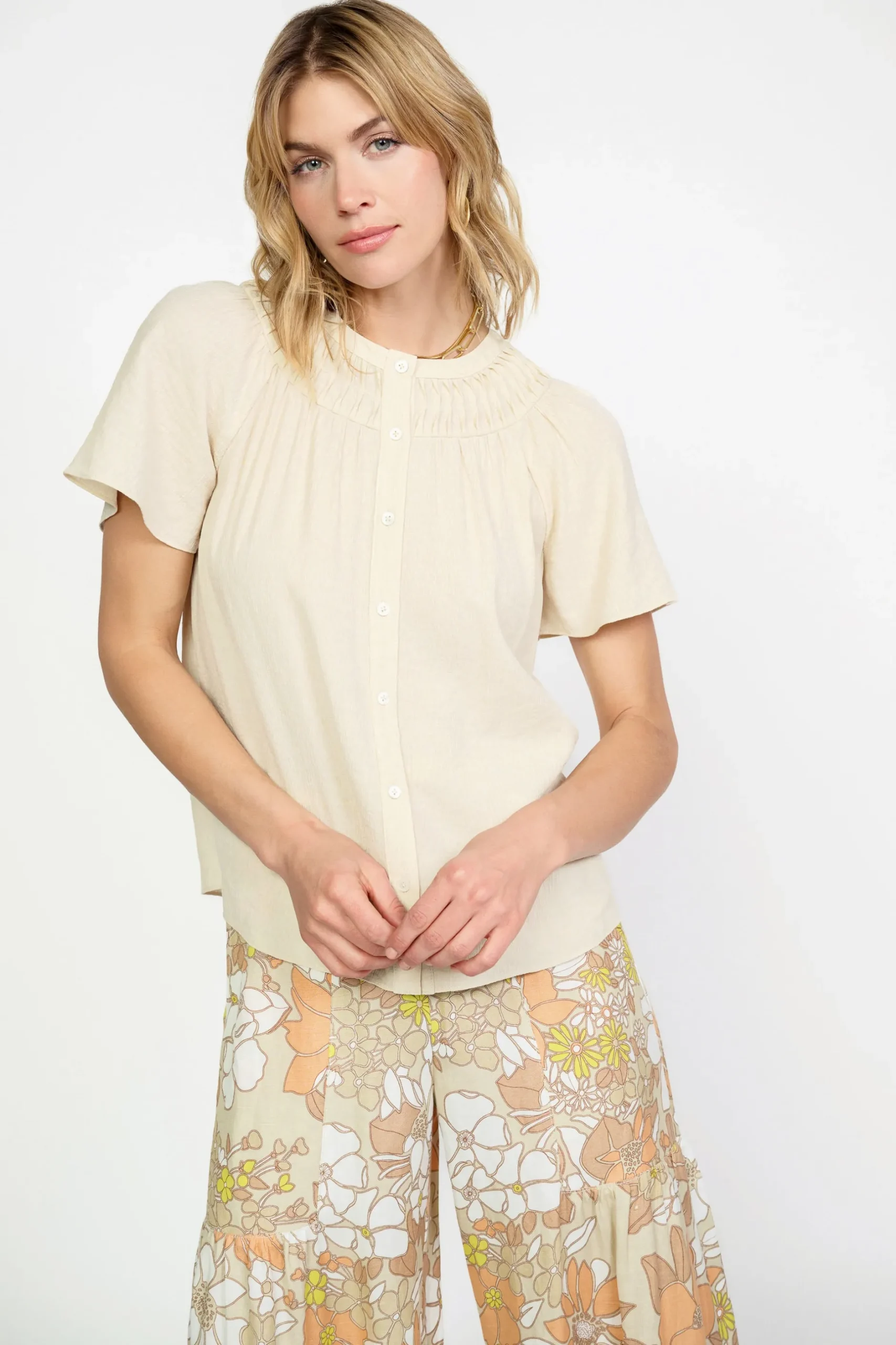 Short Sleeve Tops-Current Air Pintucked Yoke Blouse LINEN