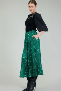 Skirts-Current Air Plaid Pattern Midi Skirt GREEN