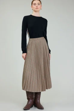 Skirts-Current Air Plaid Pleated Midi Skirt CAMELMLT