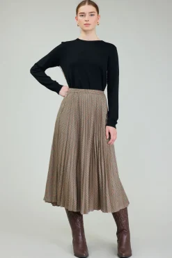 Skirts-Current Air Plaid Pleated Midi Skirt CAMELMLT