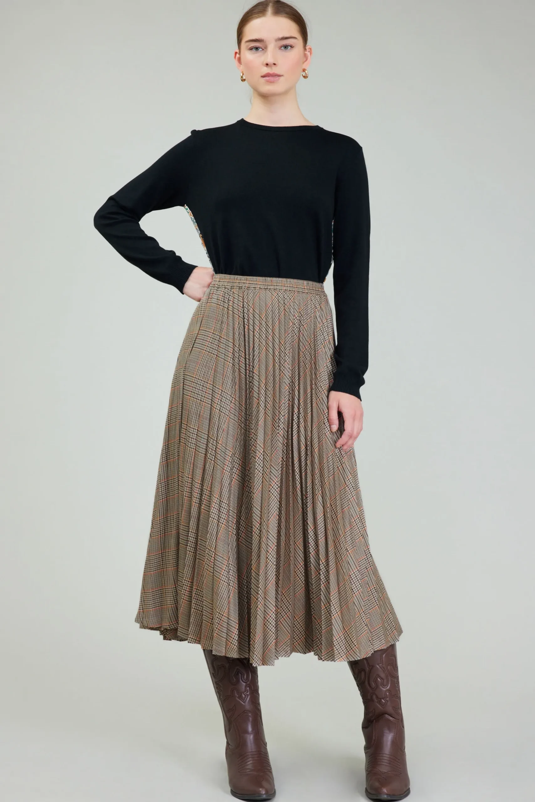 Skirts-Current Air Plaid Pleated Midi Skirt CAMELMLT