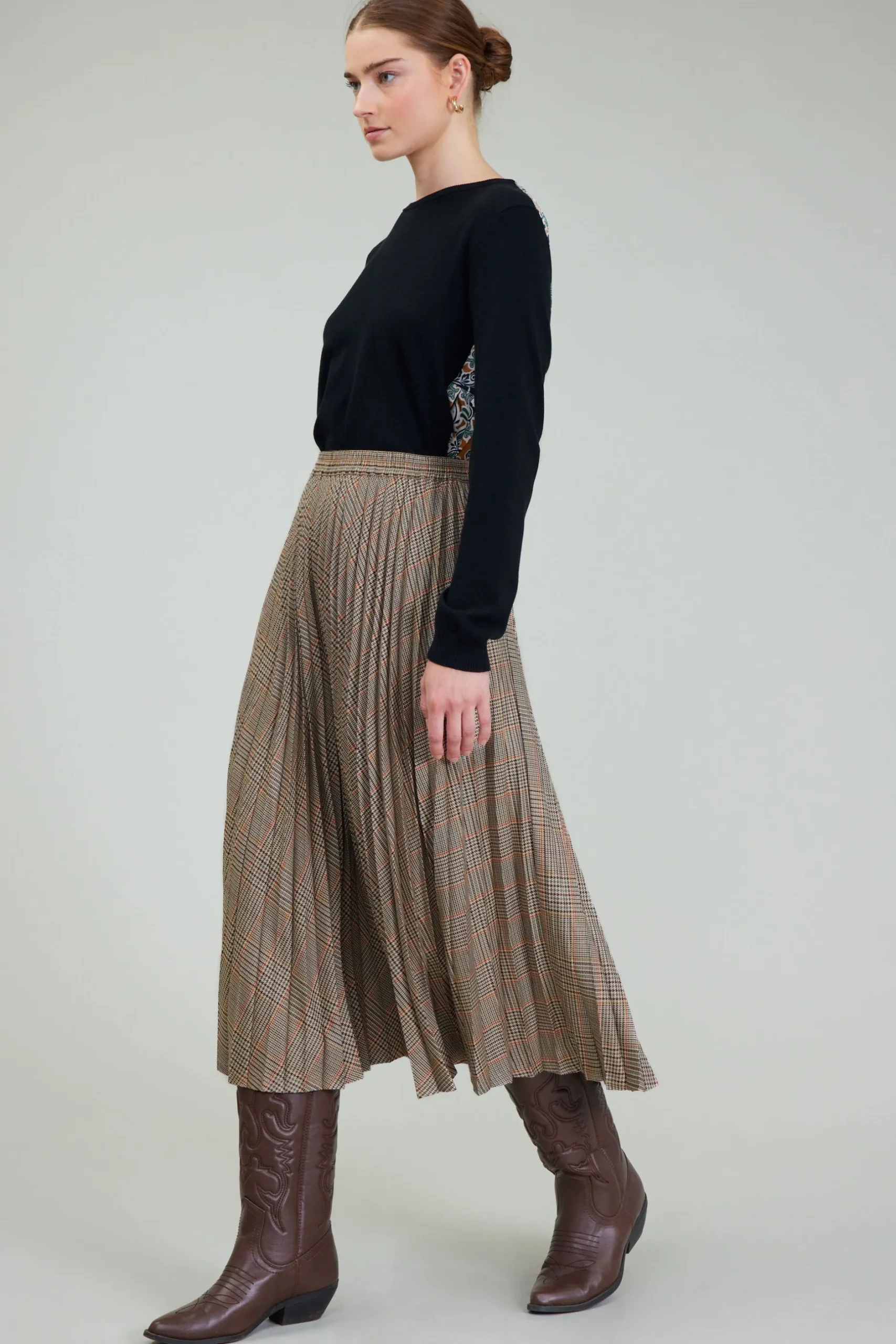 Skirts-Current Air Plaid Pleated Midi Skirt CAMELMLT