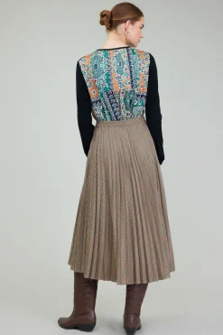 Skirts-Current Air Plaid Pleated Midi Skirt CAMELMLT