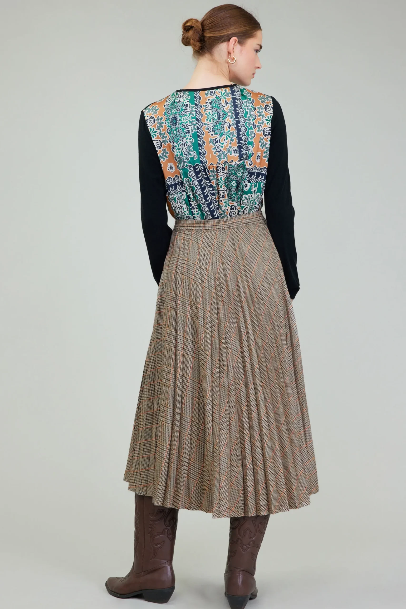 Skirts-Current Air Plaid Pleated Midi Skirt CAMELMLT