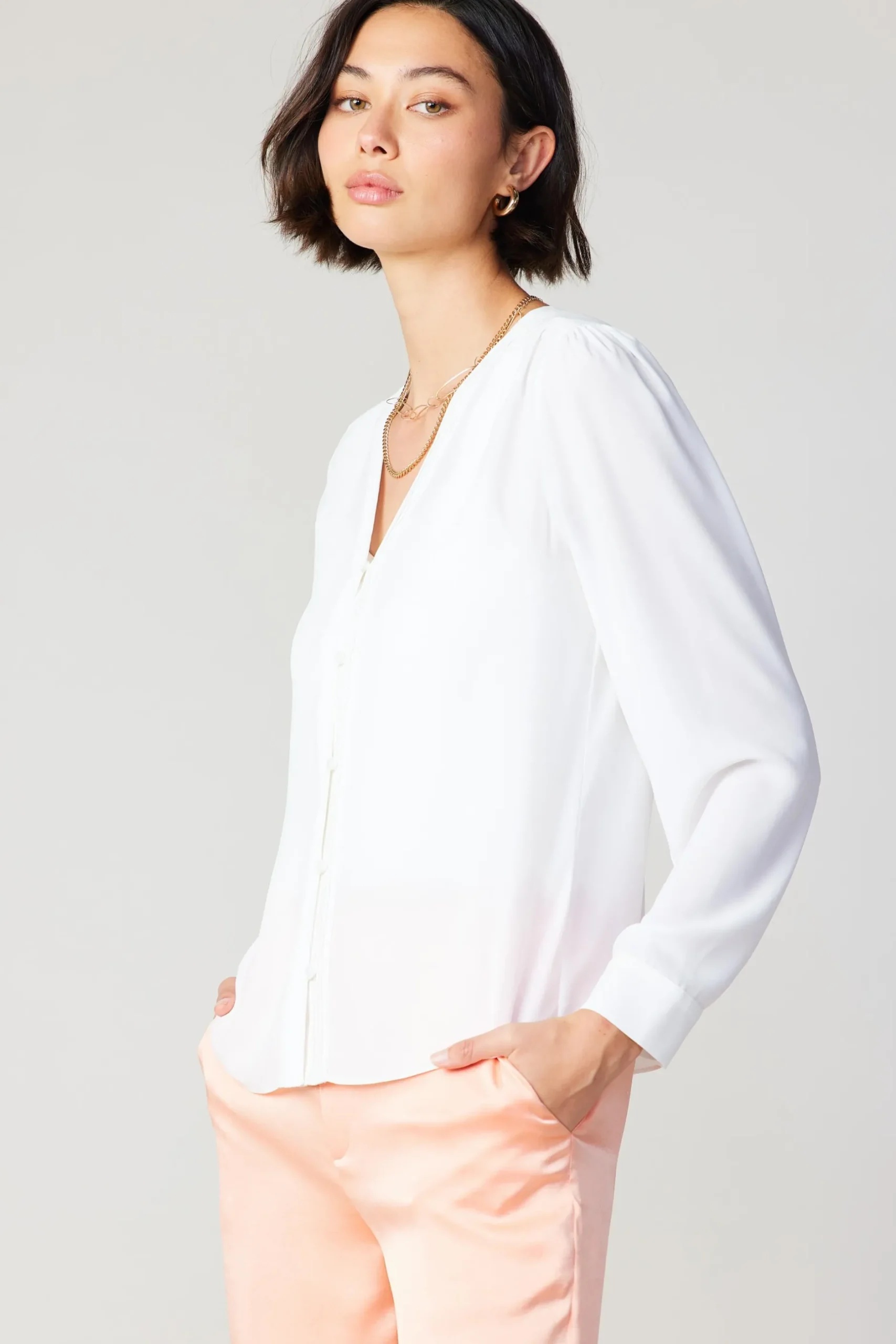 Long Sleeve Tops-Current Air Pleat Detail Buttondown Shirt WHITE