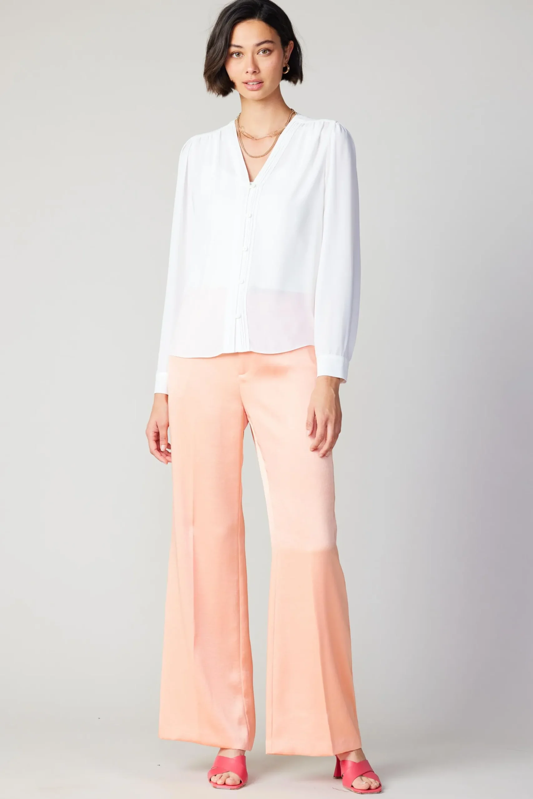 Long Sleeve Tops-Current Air Pleat Detail Buttondown Shirt WHITE