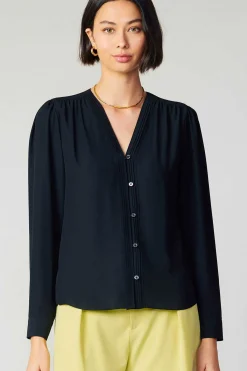 Long Sleeve Tops-Current Air Pleat Detail Buttondown Shirt BLACK