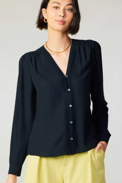 Long Sleeve Tops-Current Air Pleat Detail Buttondown Shirt BLACK