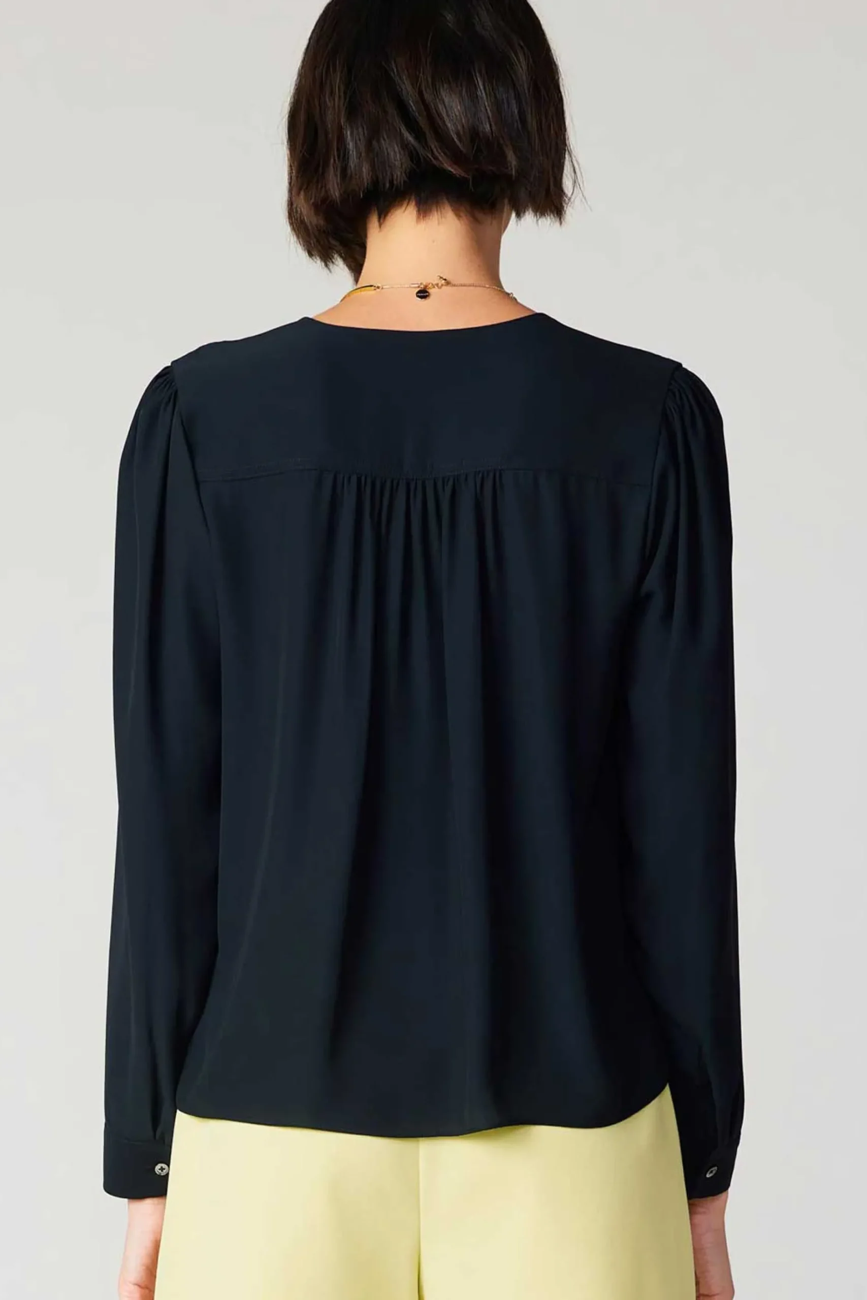 Long Sleeve Tops-Current Air Pleat Detail Buttondown Shirt BLACK