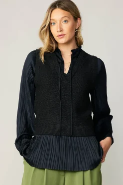 Sweaters-Current Air Pleated Blouse Sweater Vest BLACK