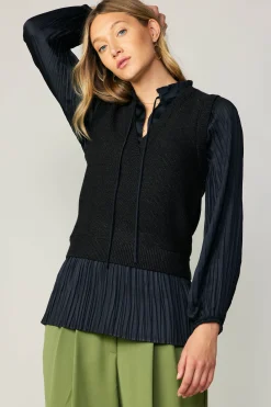 Sweaters-Current Air Pleated Blouse Sweater Vest BLACK