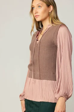 Sweaters-Current Air Pleated Blouse Sweater Vest DUSTYROSE