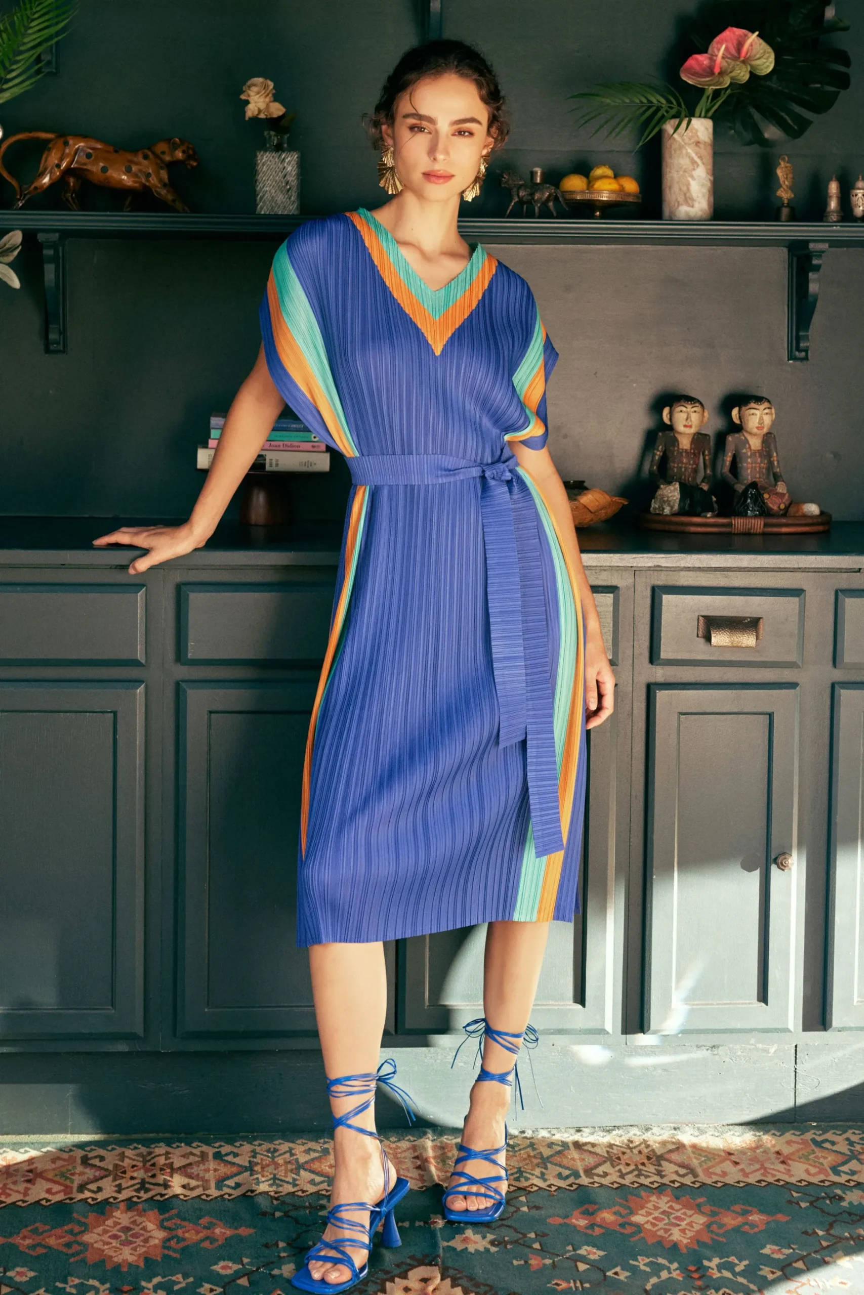 Maxi Dresses|Midi Dresses-Current Air Pleated Border Kaftan Dress BLUE