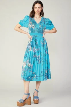 Midi Dresses-Current Air Pleated Botanical Midi Dress TURQUOISE