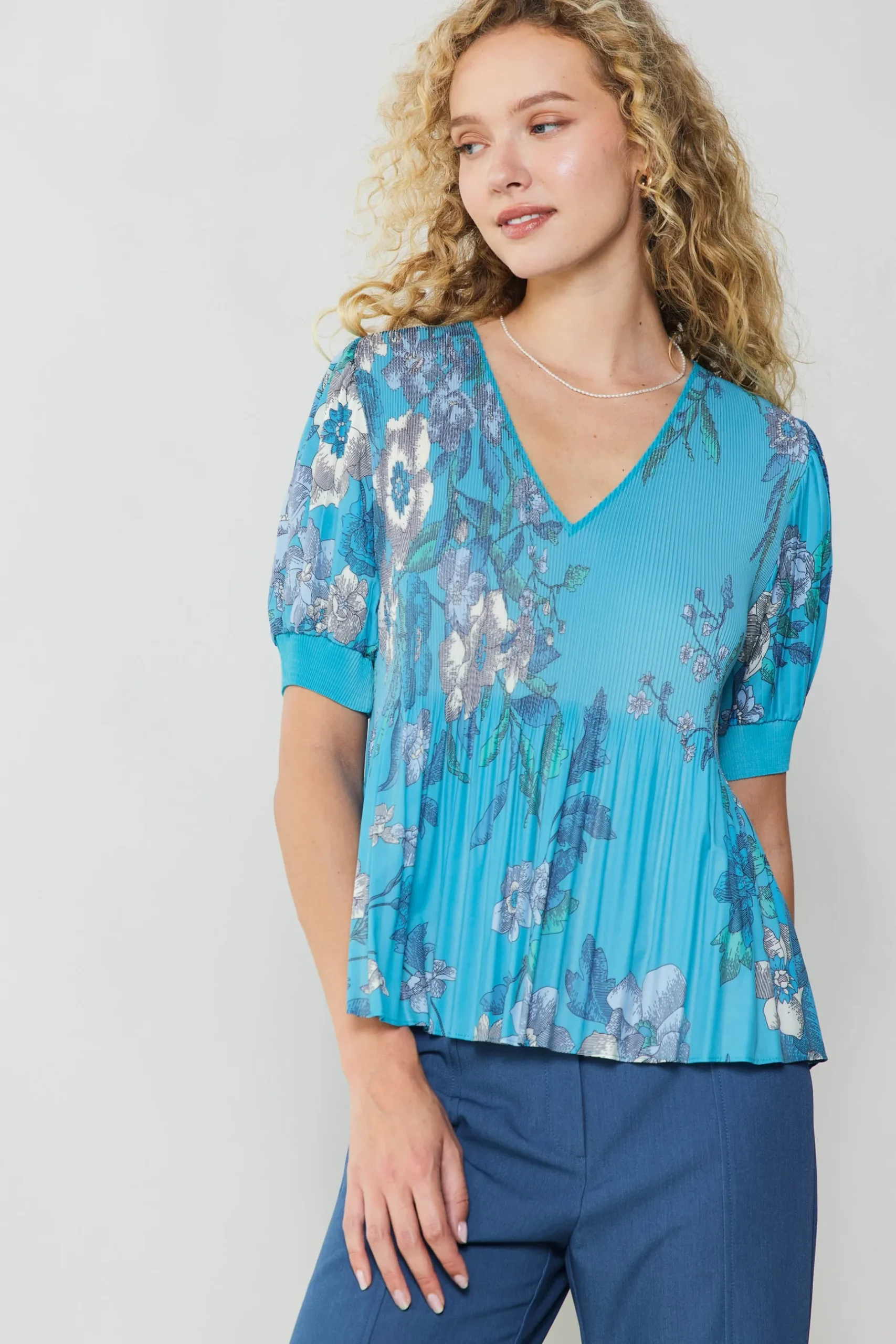 Short Sleeve Tops-Current Air Pleated Botanical Top TURQUOISE