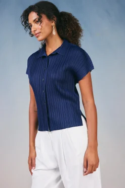 Short Sleeve Tops-Current Air Pleated Button Down Top NAVY