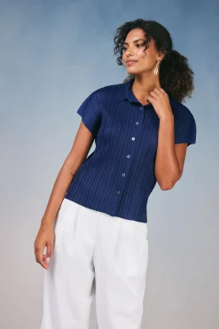 Short Sleeve Tops-Current Air Pleated Button Down Top NAVY