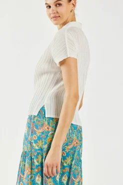 Short Sleeve Tops-Current Air Pleated Button Down Top UNBLEACHED