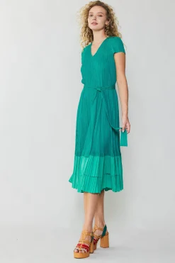 Midi Dresses-Current Air Pleated Colorblock Midi Dress TEAL