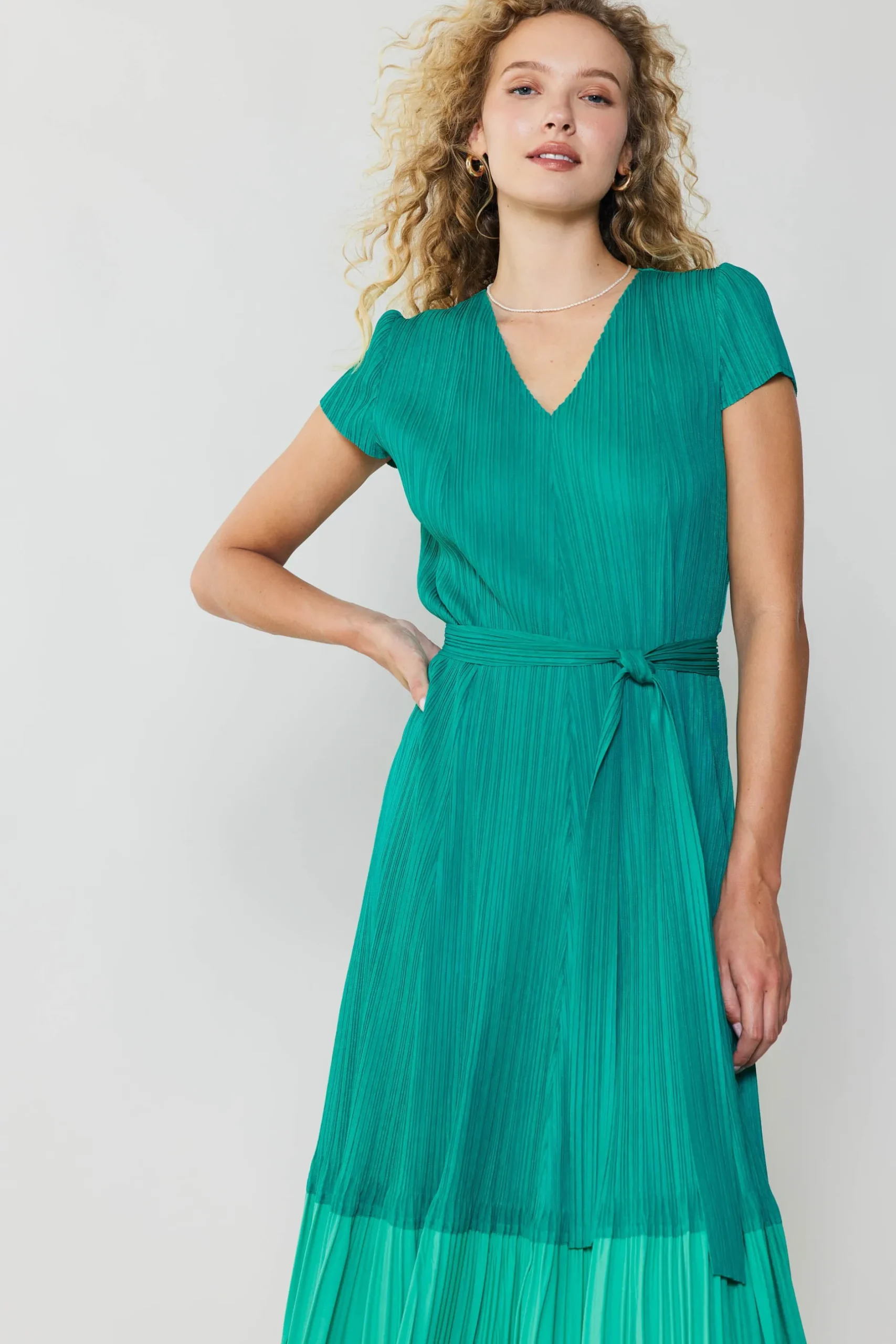 Midi Dresses-Current Air Pleated Colorblock Midi Dress TEAL